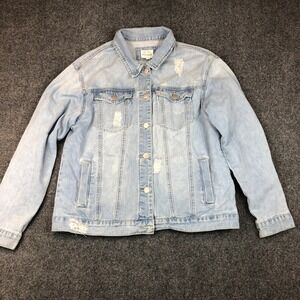 Wax Jean Distressed Light Wash Denim Trucker Jacket Women Medium Blue Distressed